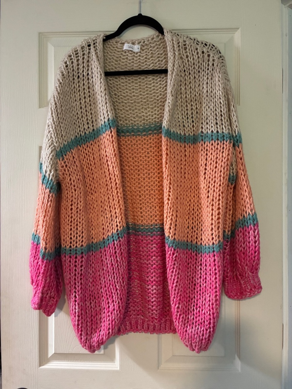 Cozy Open-Front Colorblock Knit Cardigan - Beige, Peach & Pink
